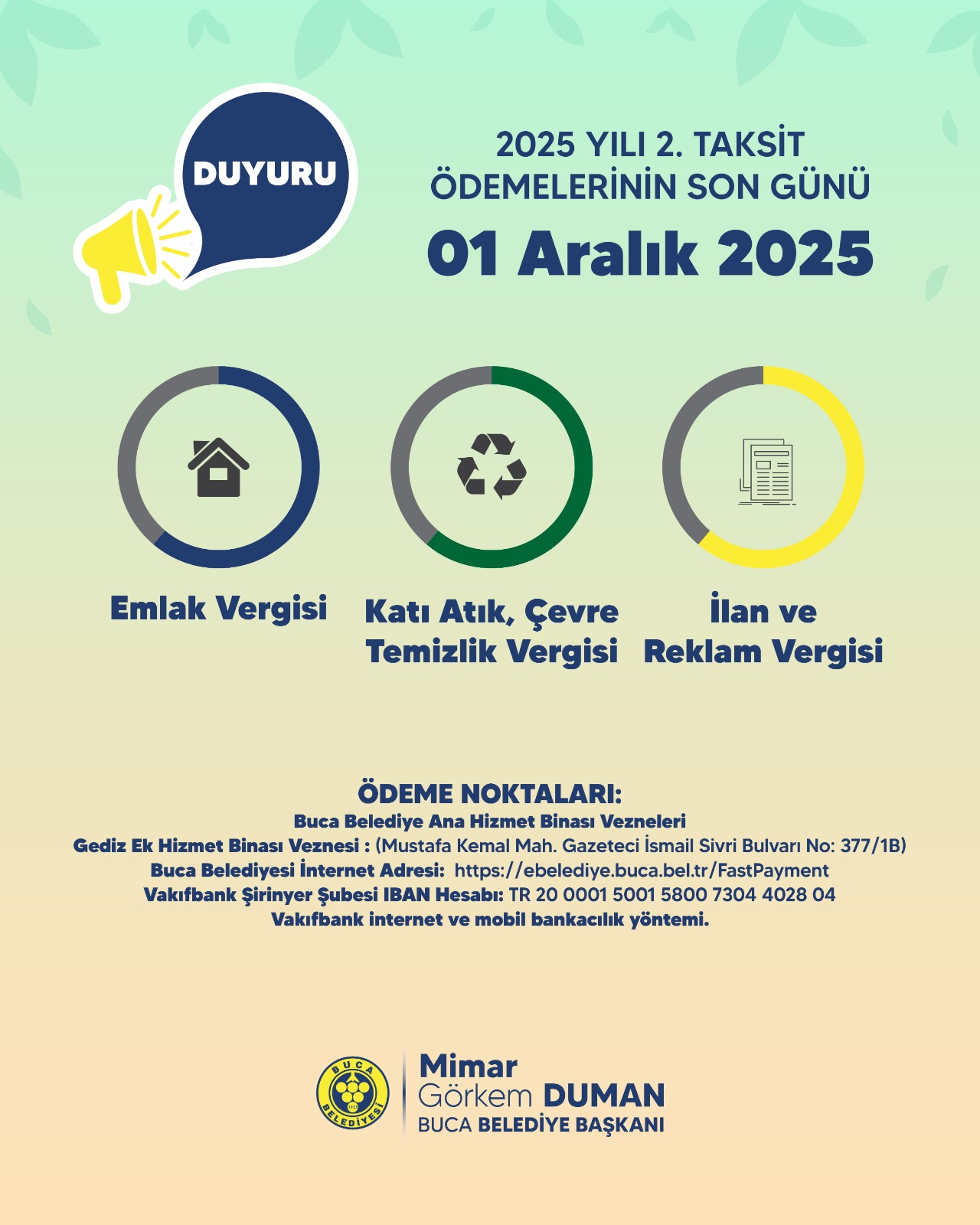 Emlak, Çevre Temizlik, İlan Reklam Vergileri ile Katı Atık Ödemeleri 2025 Yılı 2. Taksit Ödeme Dönemi